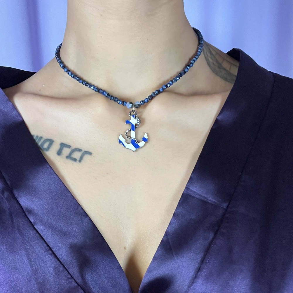 Blue Beaded Anchor Pendant Necklace Choker Multicolor Boho Summer Fairy 15.7"